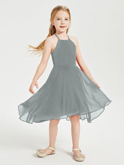 Tea Length Junior Bridesmaid Dresses with Asymmetrical Skirts Steel Grey