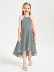 Tea Length Junior Bridesmaid Dresses with Asymmetrical Skirts Steel Grey