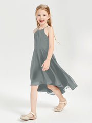 Tea Length Junior Bridesmaid Dresses with Asymmetrical Skirts Steel Grey