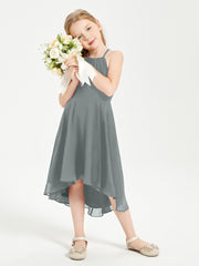 Tea Length Junior Bridesmaid Dresses with Asymmetrical Skirts Steel Grey