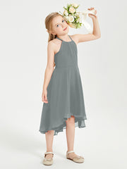 Tea Length Junior Bridesmaid Dresses with Asymmetrical Skirts Steel Grey