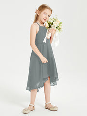 Tea Length Junior Bridesmaid Dresses with Asymmetrical Skirts Steel Grey