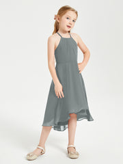 Tea Length Junior Bridesmaid Dresses with Asymmetrical Skirts Steel Grey