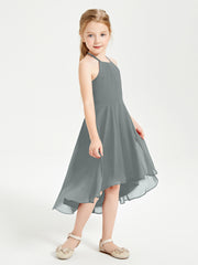 Tea Length Junior Bridesmaid Dresses with Asymmetrical Skirts Steel Grey
