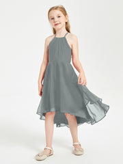 Tea Length Junior Bridesmaid Dresses with Asymmetrical Skirts Steel Grey