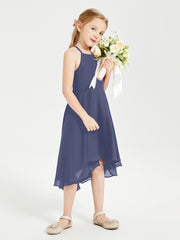 Tea Length Junior Bridesmaid Dresses with Asymmetrical Skirts Stormy
