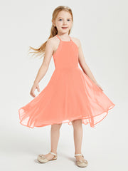 Tea Length Junior Bridesmaid Dresses with Asymmetrical Skirts Sunset