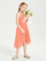 Tea Length Junior Bridesmaid Dresses with Asymmetrical Skirts Sunset