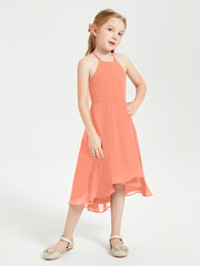 Tea Length Junior Bridesmaid Dresses with Asymmetrical Skirts Sunset