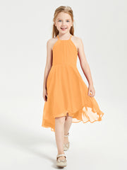 Tea Length Junior Bridesmaid Dresses with Asymmetrical Skirts Tangerine