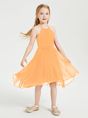 Tea Length Junior Bridesmaid Dresses with Asymmetrical Skirts Tangerine