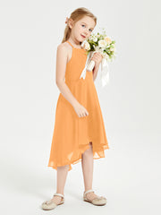 Tea Length Junior Bridesmaid Dresses with Asymmetrical Skirts Tangerine