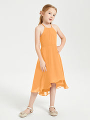 Tea Length Junior Bridesmaid Dresses with Asymmetrical Skirts Tangerine