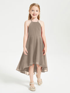 Tea Length Junior Bridesmaid Dresses with Asymmetrical Skirts Taupe