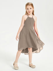 Tea Length Junior Bridesmaid Dresses with Asymmetrical Skirts Taupe