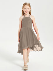 Tea Length Junior Bridesmaid Dresses with Asymmetrical Skirts Taupe