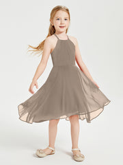 Tea Length Junior Bridesmaid Dresses with Asymmetrical Skirts Taupe