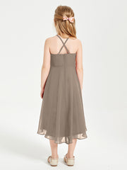 Tea Length Junior Bridesmaid Dresses with Asymmetrical Skirts Taupe