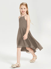 Tea Length Junior Bridesmaid Dresses with Asymmetrical Skirts Taupe