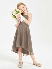 Tea Length Junior Bridesmaid Dresses with Asymmetrical Skirts Taupe