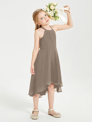 Tea Length Junior Bridesmaid Dresses with Asymmetrical Skirts Taupe