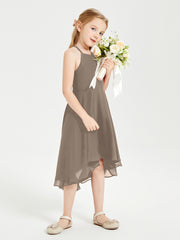 Tea Length Junior Bridesmaid Dresses with Asymmetrical Skirts Taupe