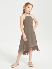 Tea Length Junior Bridesmaid Dresses with Asymmetrical Skirts Taupe