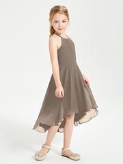 Tea Length Junior Bridesmaid Dresses with Asymmetrical Skirts Taupe
