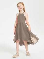 Tea Length Junior Bridesmaid Dresses with Asymmetrical Skirts Taupe