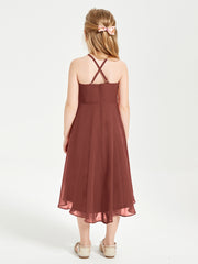Tea Length Junior Bridesmaid Dresses with Asymmetrical Skirts Terracotta