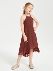 Tea Length Junior Bridesmaid Dresses with Asymmetrical Skirts Terracotta