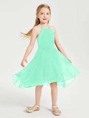Tea Length Junior Bridesmaid Dresses with Asymmetrical Skirts Turquoise