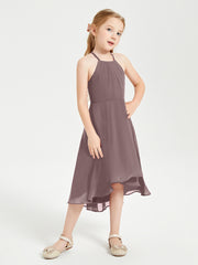 Tea Length Junior Bridesmaid Dresses with Asymmetrical Skirts Vintage Mauve