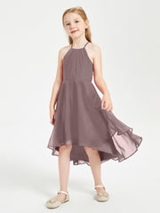 Tea Length Junior Bridesmaid Dresses with Asymmetrical Skirts Vintage Mauve