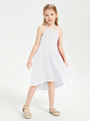 Tea Length Junior Bridesmaid Dresses with Asymmetrical Skirts White