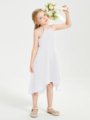 Tea Length Junior Bridesmaid Dresses with Asymmetrical Skirts White