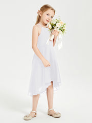 Tea Length Junior Bridesmaid Dresses with Asymmetrical Skirts White