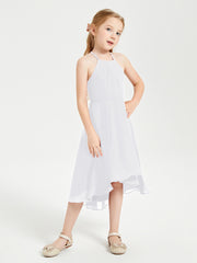 Tea Length Junior Bridesmaid Dresses with Asymmetrical Skirts White