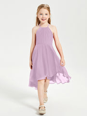 Tea Length Junior Bridesmaid Dresses with Asymmetrical Skirts Wisteria