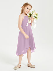 Tea Length Junior Bridesmaid Dresses with Asymmetrical Skirts Wisteria