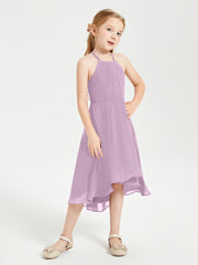 Tea Length Junior Bridesmaid Dresses with Asymmetrical Skirts Wisteria