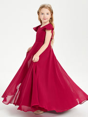 Airy Chiffon Junior Bridesmaid Gown Flutter Sleeves V-neck Burgundy
