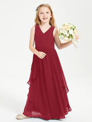 Boho Sleeveless Junior Chiffon Bridesmaids Gown Burgundy
