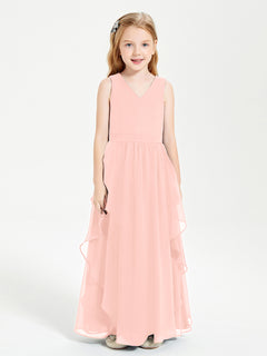 Boho Sleeveless Junior Chiffon Bridesmaids Gown Coral