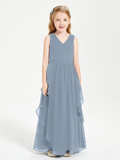 Boho Sleeveless Junior Chiffon Bridesmaids Gown Dusty Blue