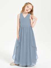Boho Sleeveless Junior Chiffon Bridesmaids Gown Dusty Blue
