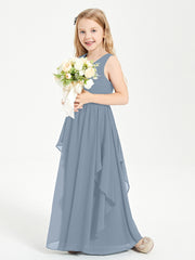 Boho Sleeveless Junior Chiffon Bridesmaids Gown Dusty Blue