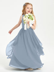 Boho Sleeveless Junior Chiffon Bridesmaids Gown Dusty Blue