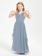 Boho Sleeveless Junior Chiffon Bridesmaids Gown Dusty Blue