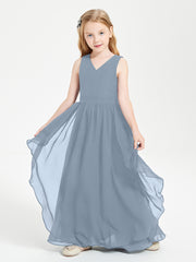 Boho Sleeveless Junior Chiffon Bridesmaids Gown Dusty Blue